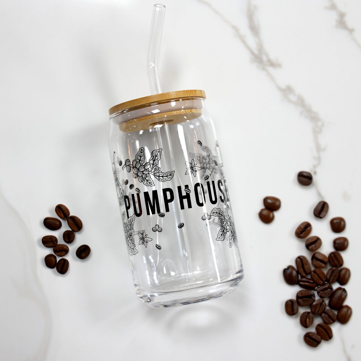 Can of Beans Glass with Bamboo Lid and Glass Straw