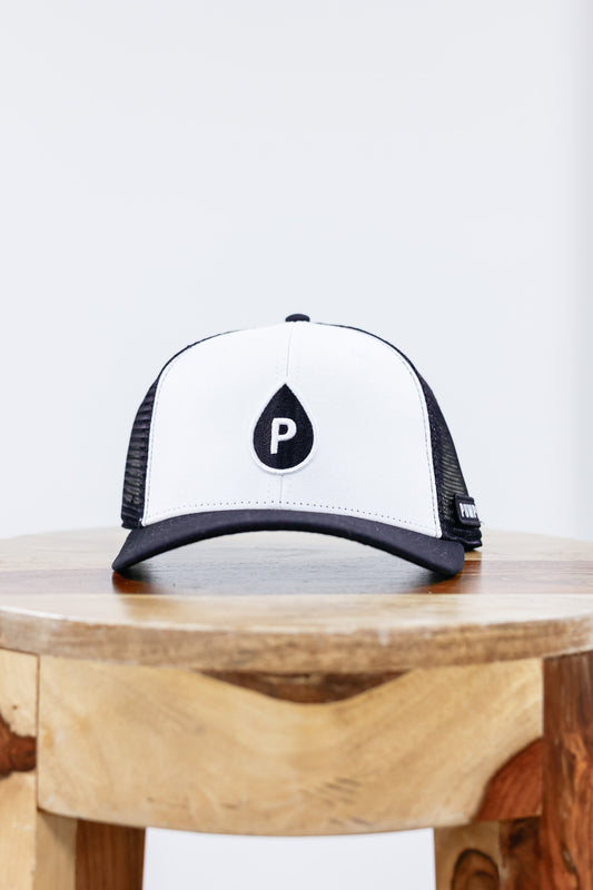 White and Black- Pumphouse Embroidered Trucker Hat